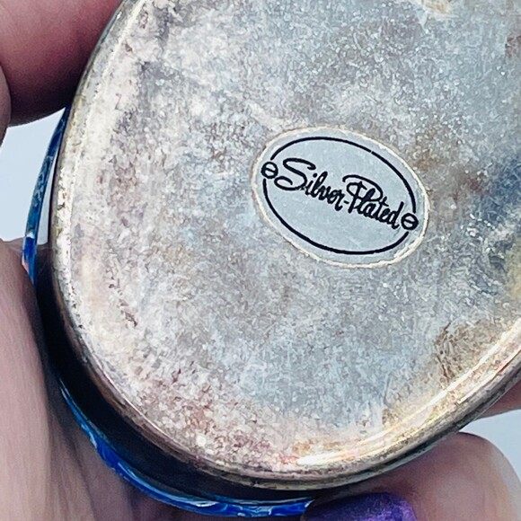 Vintage Oval Shaped Decorative Glass w/ Blue & Silver Accents Silver-Plated Base - Picture 4 of 11